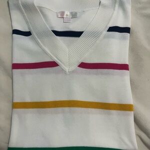 Belle by Kim Gravel White V-Neck Sweater with Red, Yellow, Green & Black Stripes